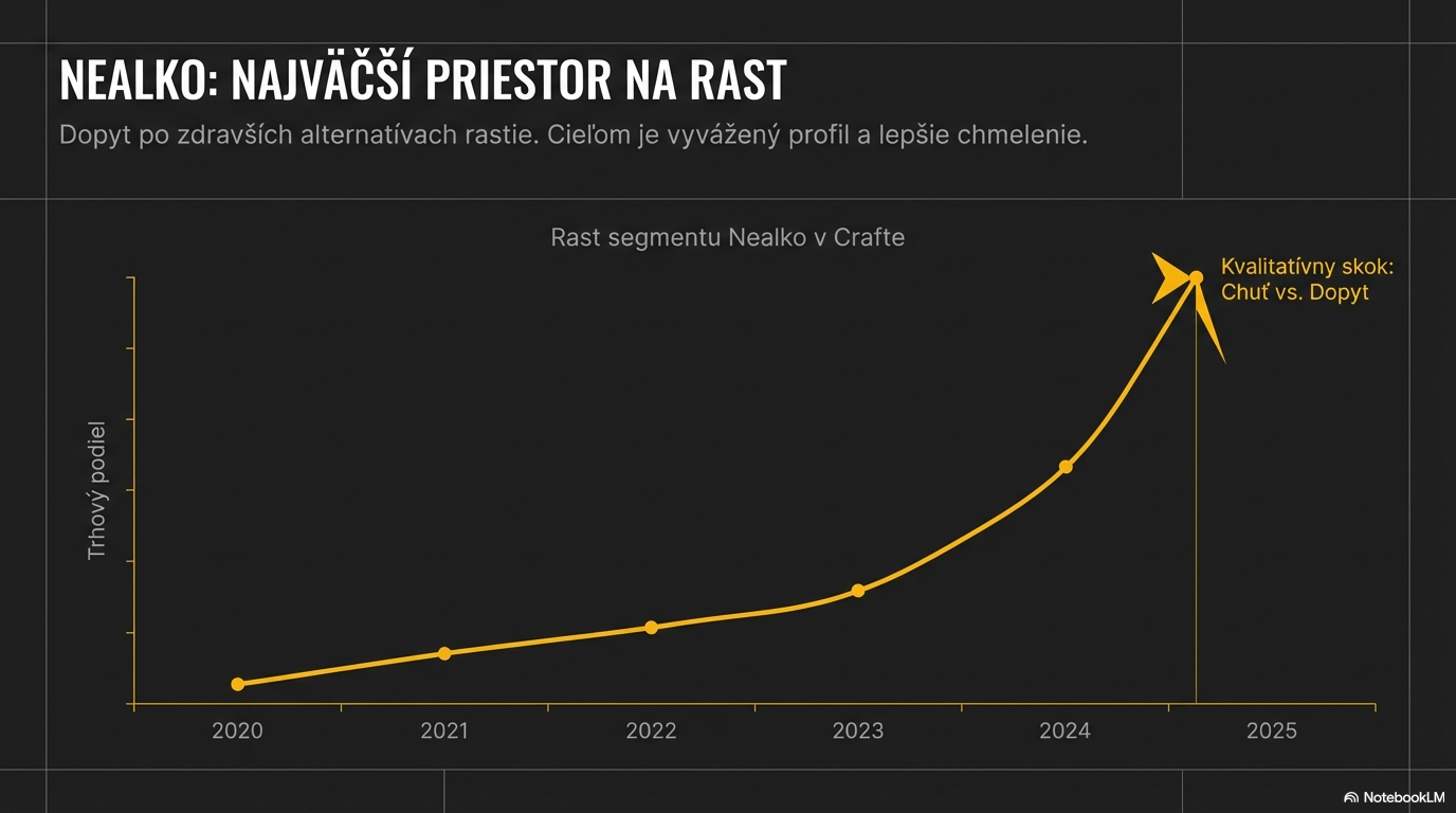 Čiarový graf znázorňujúci stabilný rast trhového podielu remeselného nealko piva do roku 2025 s dôrazom na kvalitatívny skok a vyváženú chuť.