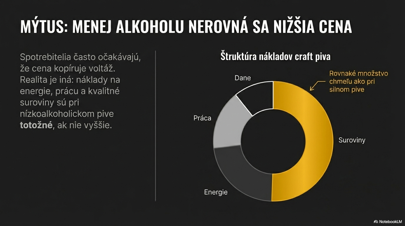 Prstencový graf štruktúry výrobných nákladov craft piva. Vyvracia mýtus o nižšej cene, pretože nízkoalkoholické pivo vyžaduje rovnaké množstvo drahého chmeľu ako silnejšie štýly.